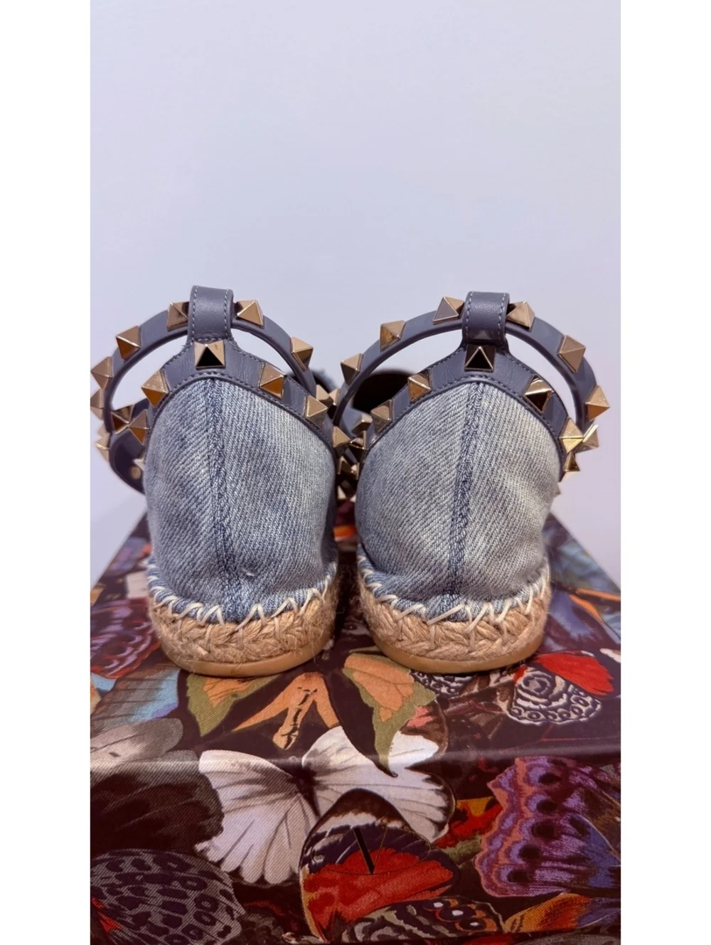 Valentino Denim Butterfly Embroidered Espadrille Flats with Rockstud Ankle Strap